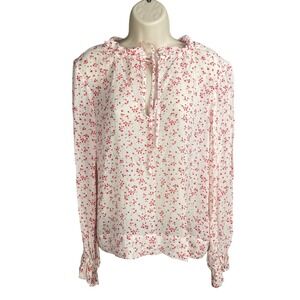 GANNI Floral Ruffle Neck Tie Blouse Womens Size 36 Boho Chic Parisian Sheer